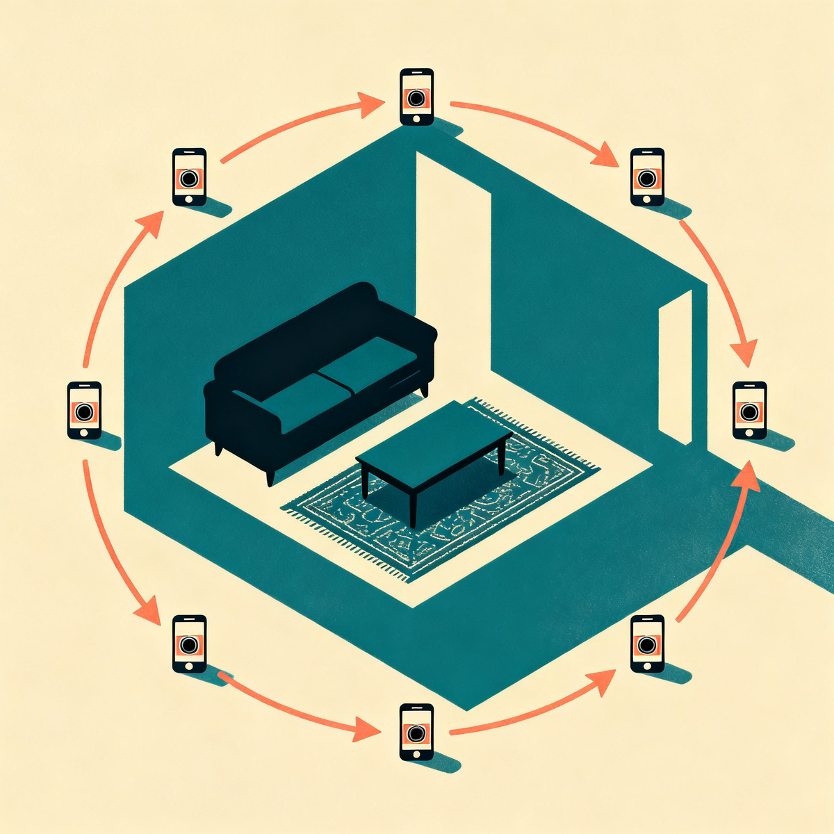Top-down view of a living room with six phone-camera positions arranged in a clockwise circle around the perimeter, with arrows showing the rotation direction.
