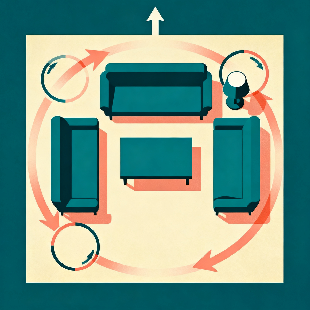 Top-down view of a living room showing the four-pass video capture pattern: clockwise loop, counter-clockwise loop, two spin markers at opposite anchor points, and an upward ceiling-tilt arrow.