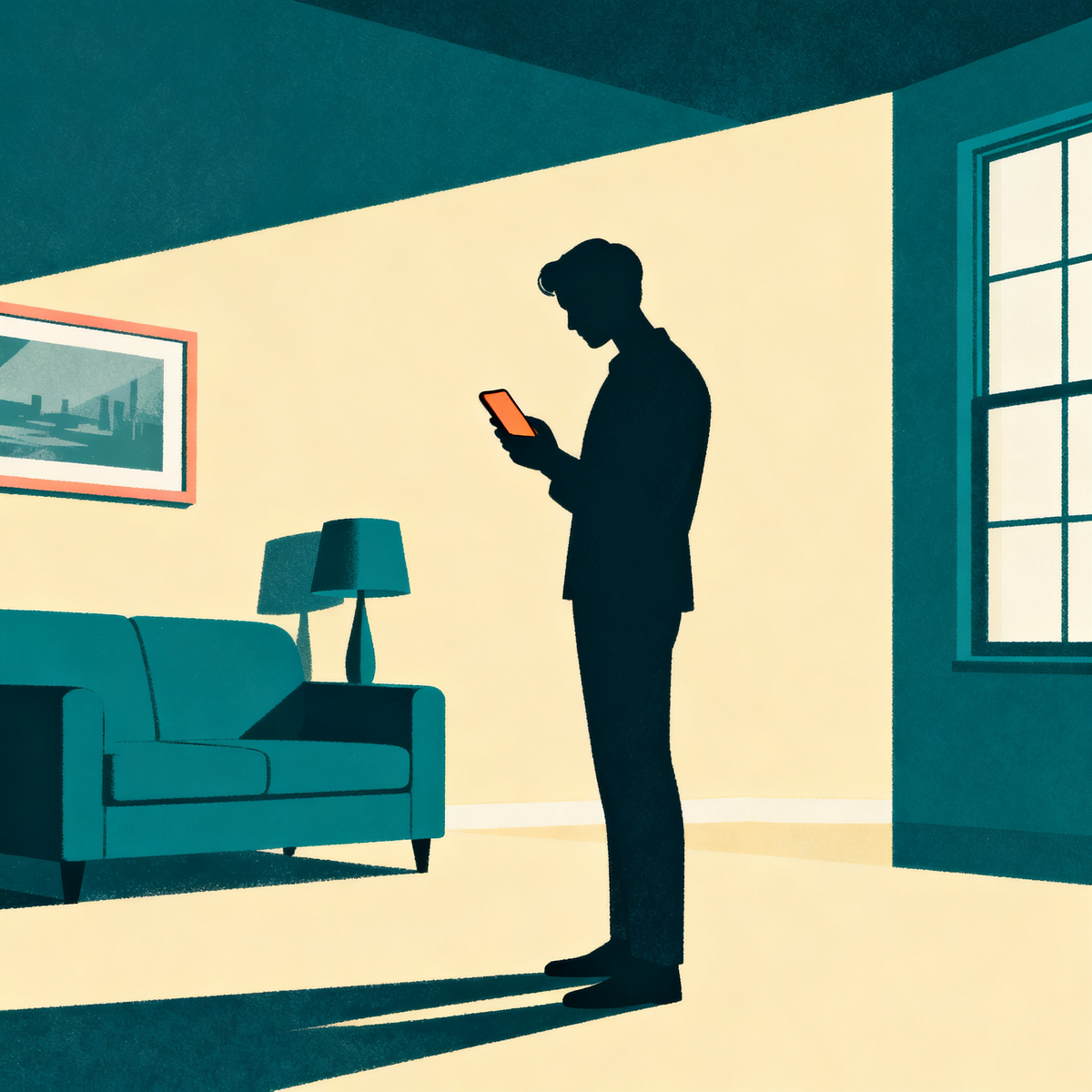 A person standing in the middle of a room holding a smartphone at chest height, slightly angled down — the correct capture stance.
